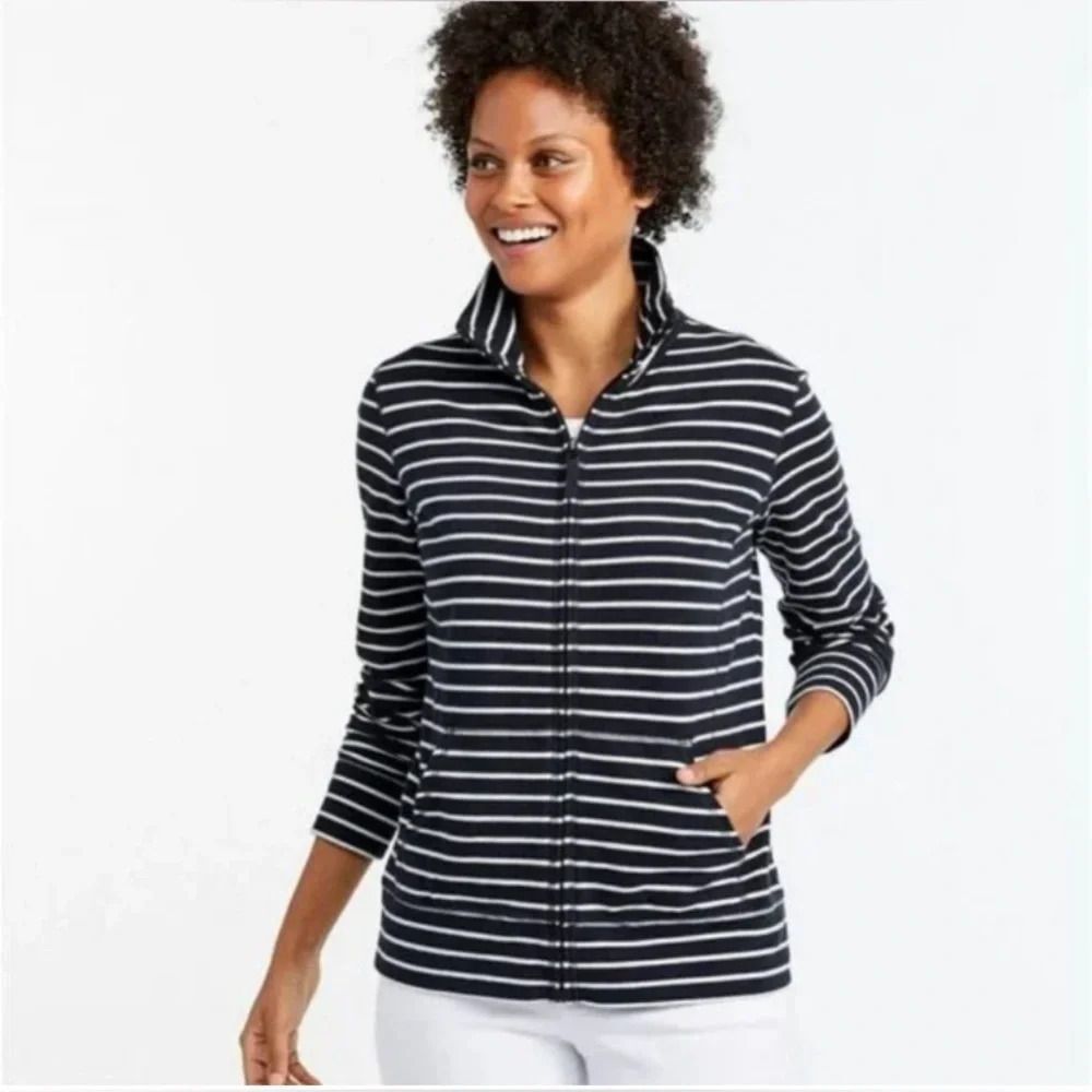 L.L. Bean Ultrasoft Sweats, Full-Zip Mock-Neck Stripe Jacket Small Petite